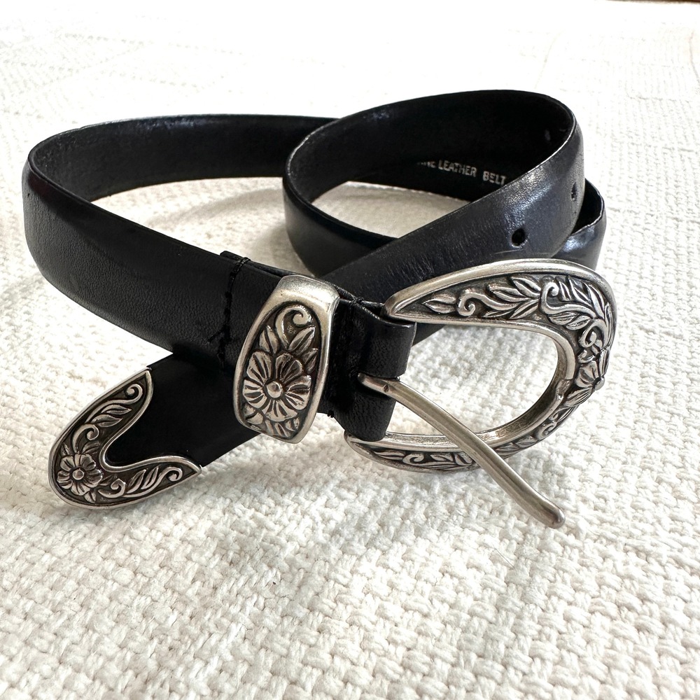 VTG 90s Y2K Western Black Leather Belt Floral Silver Buckle Tip Tams 2000 Small